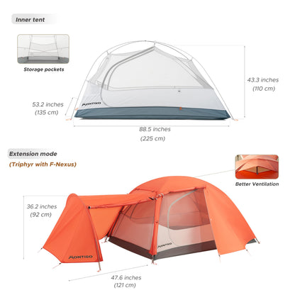 Montiro Triphyr Backpacking Tent with F-Nexus Extension 2-Person Combo, Attachable Shelter, Lightweight 2 Person Tent with Footprint & Vestibule for Backpacking Camping Hiking & Biking (Orange)