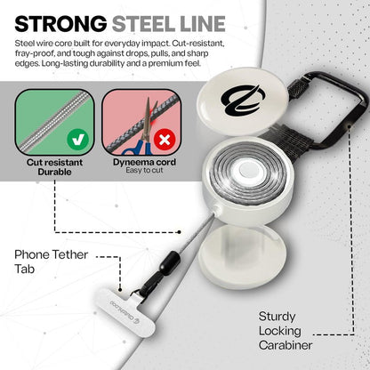 ClutchLoop Anti-Theft Phone Tether - Universal Adhesive Anchor, Retractable Steel Line and Locking Carabiner (White)