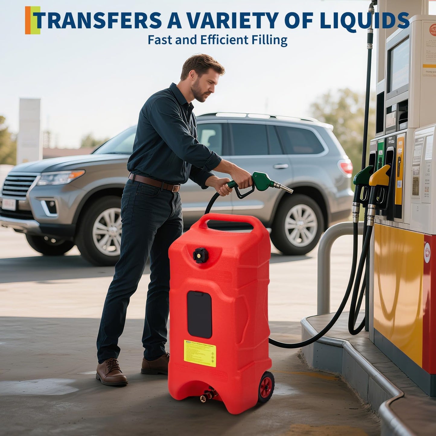 PeacefulHues Upgraded 16 Gallon Gas Tank, Heavy-Duty Fuel Can with Manual Transfer Pump & 10FT Hose, Portable Gas Can with Casters, Leak-Proof Gas Container for Lawn Mowers, Tractor, Boat, Snow Blow