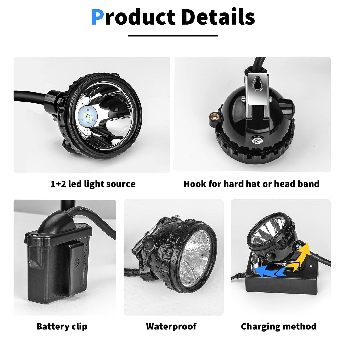 Rechargeable Mining Headlamp, 1+2 LED Super Bright Cap Lamp, Waterproof & Explosion-Proof Safety Miner Light, Hard Hat Head Torch for Coal Mining, Hunting, Fishing, Camping, Hiking, Outdoor Work