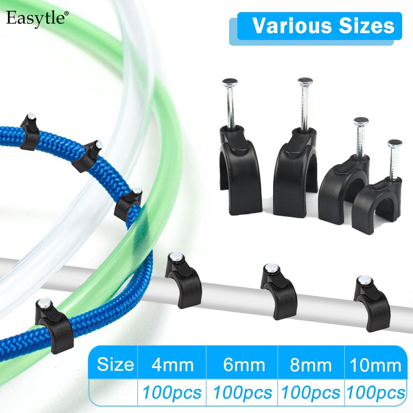 400pcs Black Cable Clips 4/6/8/10mm Cable Wire Clips Nail in Cable Clips Cable Tacks Coaxial Nail Clamps Cable Nails for Cords Cable Management RG6 RG59 CAT6 RJ45 Ethernet Cable Clips Coax Clamps