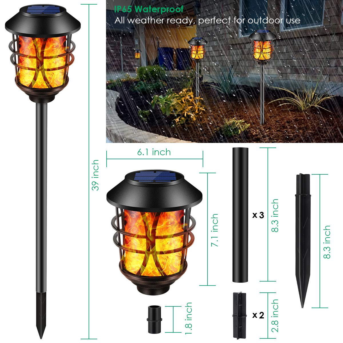 TomCare Solar Outdoor Lights Metal Flickering Flame Torches Waterproof Heavy Duty Pathway Landscape Lighting Dusk to Dawn Auto On/Off for Garden Patio Yard, 4 Pack