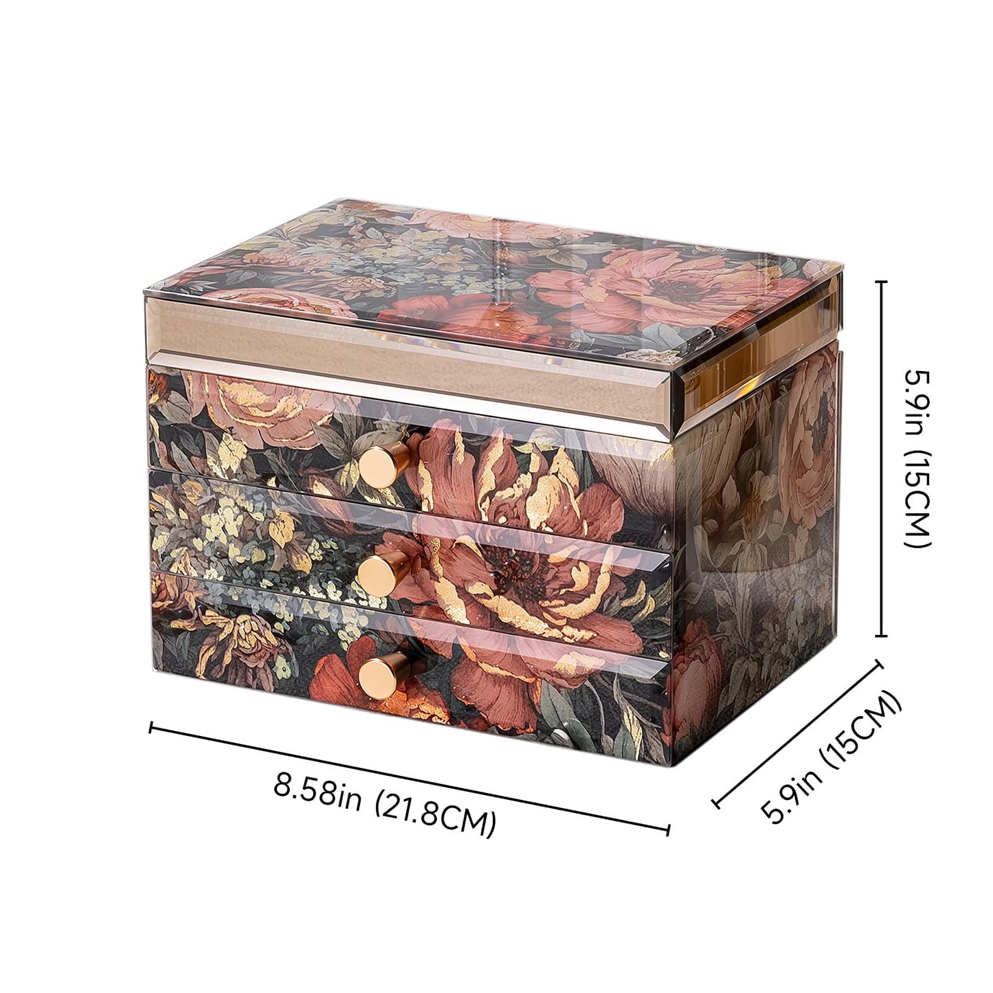 Homruilink High End Glass Jewelry Box, 3 Layer Jewelry Organizer, Velvet-Lined Case For Ring, Necklace, Earring, Bracelet Storage, Ideal Gift (Peony)