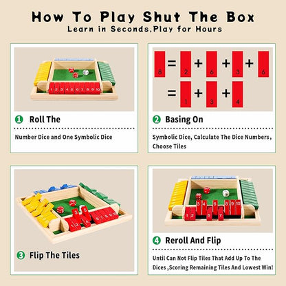 Shut The Box Dice Game 12 Inch Upgraded 2-4 Player Wooden Dice Game Math Addition Games Close The Box Family Wooden Dice Board Game for Kids Adults Tabletop Version for Classroom Home Party or Bar
