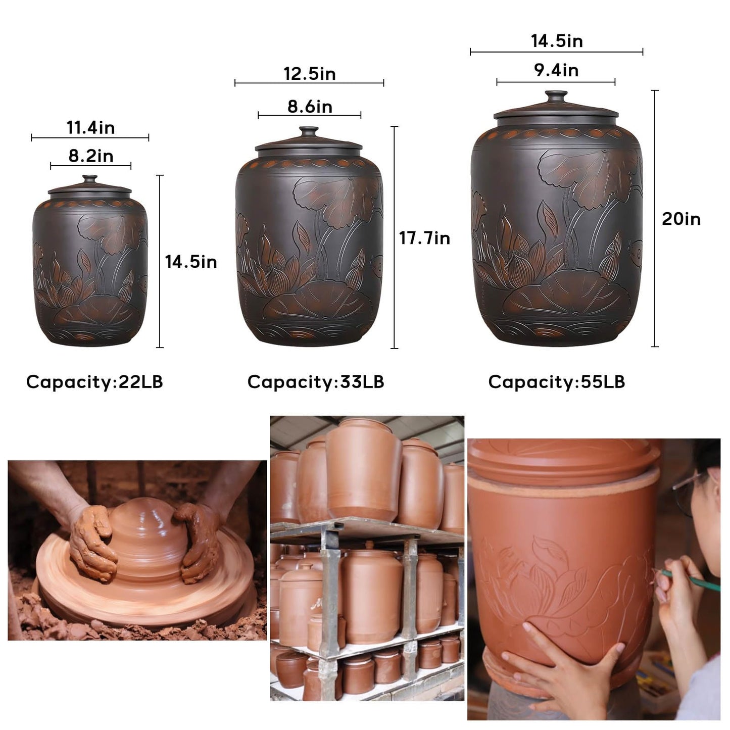 Food Storage Jar Ceramic Rice Jar with Lid 22lb 33lb 55lb Ceramic Rice Container Food Airtight Storage Jars Kitchen Sealed Jar Grain Rice Dispenser for Baking Supplies Cereal Flour Sugar(33lb)
