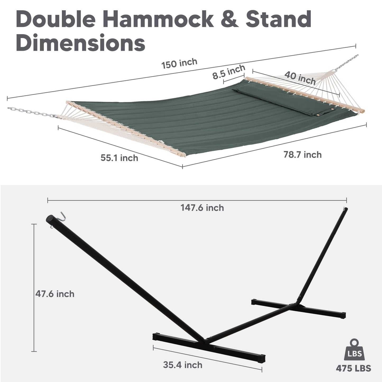 SUNCREAT Hammocks Extra Large Double Hammock with 12 ft Stand, 475lbs Capacity, Outdoor Portable Hammock with Hardwood Spreader Bar, Extra Large Pillow, Gray Green