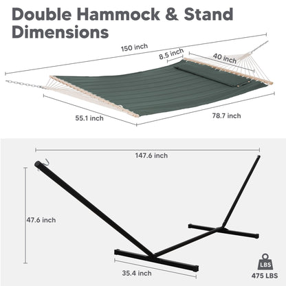 SUNCREAT Hammocks Extra Large Double Hammock with 12 ft Stand, 475lbs Capacity, Outdoor Portable Hammock with Hardwood Spreader Bar, Extra Large Pillow, Gray Green