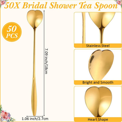 Skybooly Tea Party Bridal Shower Favors Mini Coffee Spoons Small Tea Spoons Heart Shaped Spoon with Bridal Shower Thank You Cards and Hemp Rope Wedding Souvenirs Tea Party Favor (50, Gold)
