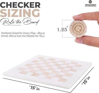 Marble Checkers Set 15 Inches Handmade White and Travertine Checkers Board Game with Checker Pieces - Board Games for Adults Game Table Accessories Gifts &amp Home Décor