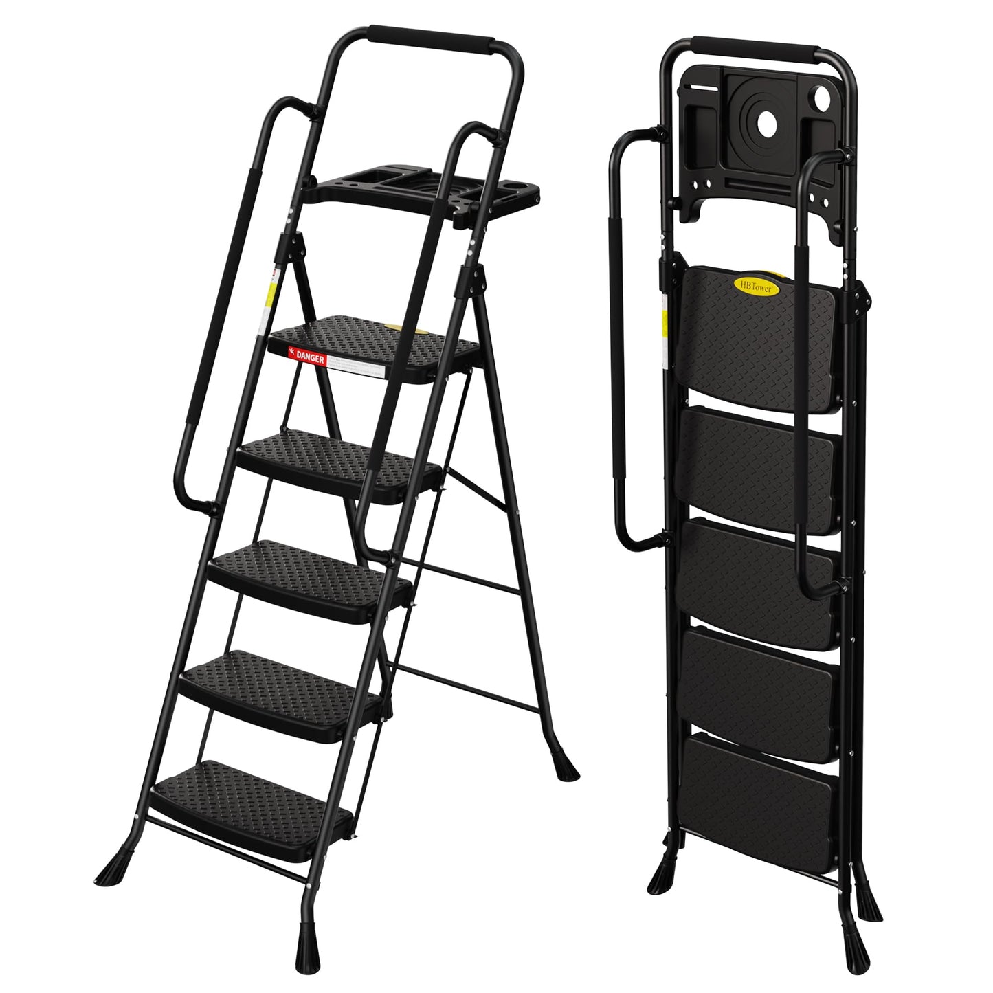 HBTower Step Ladder, 5 Step Ladder for Adults with Wide Anti-Slip Pedal, Step Stool Foldable with Handrails & Tool Tray, 330 Capacity for Home and Kitchen, Black