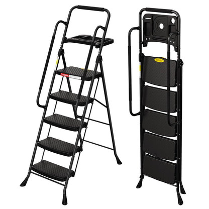 HBTower Step Ladder, 5 Step Ladder for Adults with Wide Anti-Slip Pedal, Step Stool Foldable with Handrails & Tool Tray, 330 Capacity for Home and Kitchen, Black