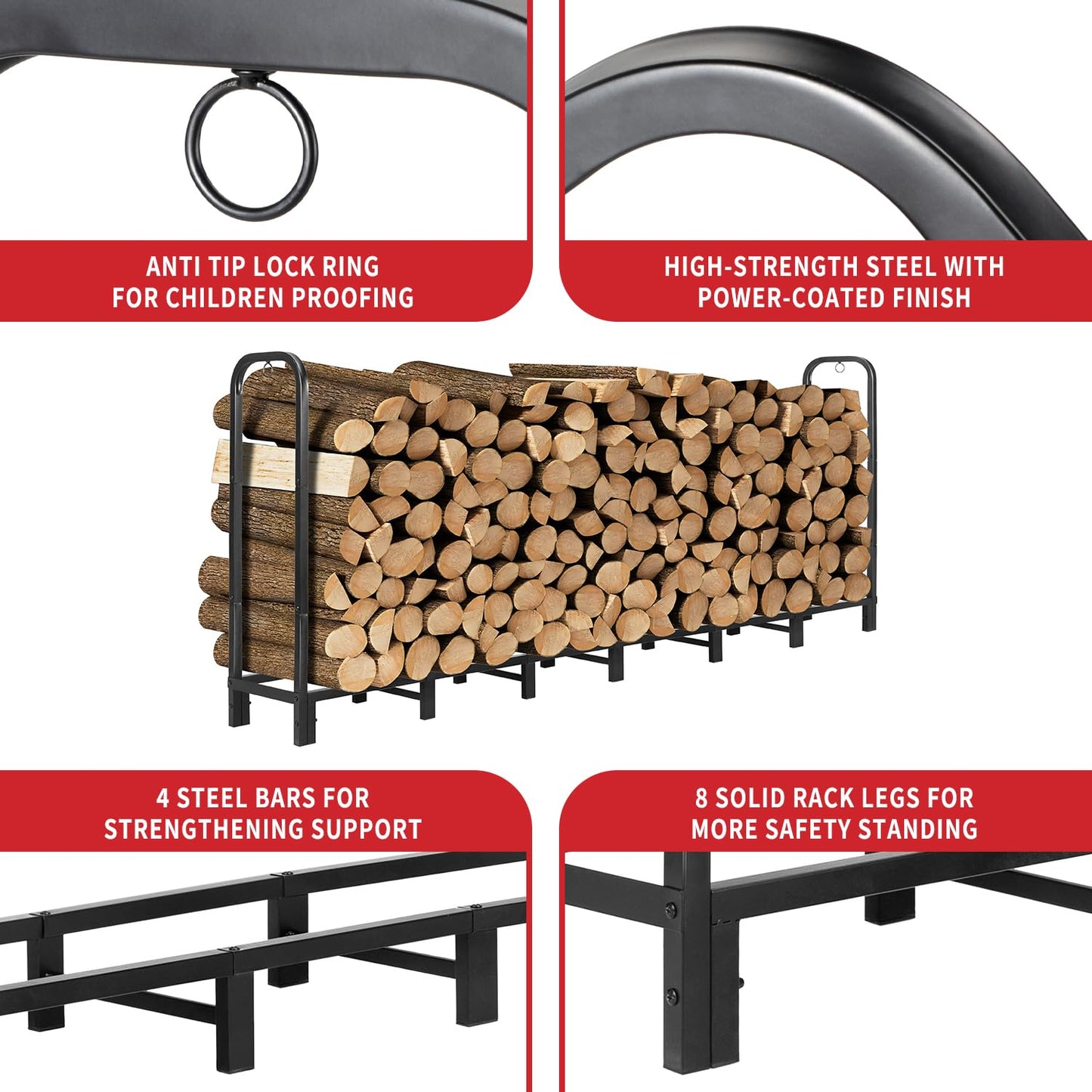 Kendane 8FT Firewood Rack Outdoor with Cover, Heavy Duty Adjustable Firewood log Storage & Holder, Wood Pile Lumber Storage Rack Stacking Outside for Courtyard Patio.