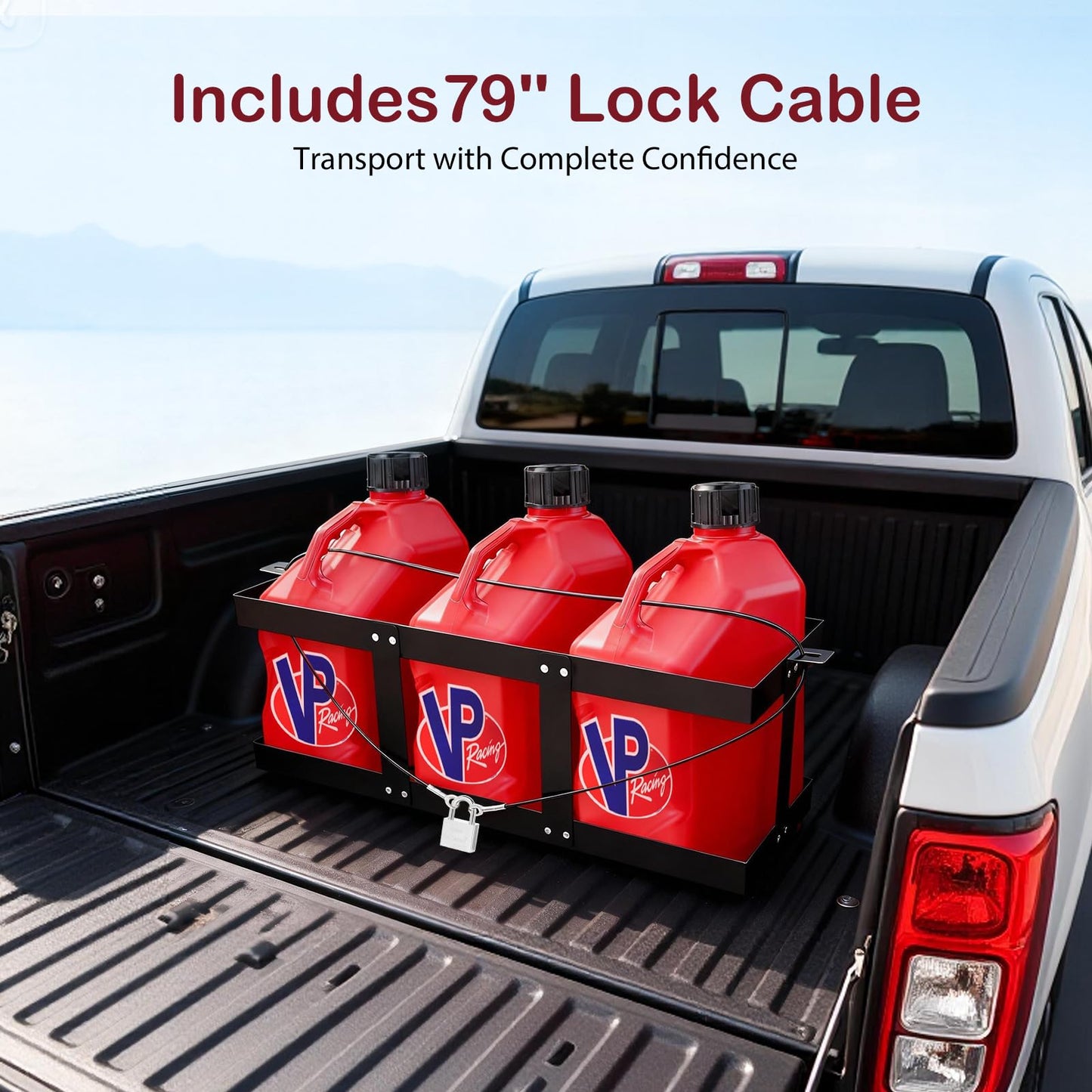 Feimire Fuel Jug Holder, Fits Two or Three 5 Gallon Gas Cans, Heavy-Duty Trailer Gas Can Mount Compatible with VP Racing Fuel Jug 5.5 Gallon(11"*11"), All-Metal Fuel Can Rack with Lock Cable & U-Bolts (3 Cans)