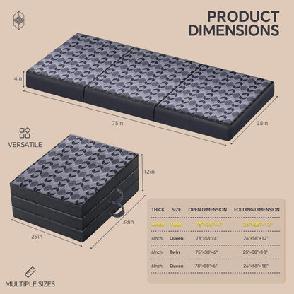 Ciremiv Tri-Fold Mattress Twin Size, 4 Inch Memory Foam Mattress with Washable Cover, Handles and Non-Slip Bottom- Portable Folding Mattress for Guest Bed, Camping, Travel & Floor Sleeper,Dark Grey
