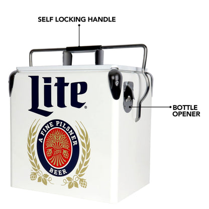 Miller Light Retro Ice Chest Cooler - 18 Can Ice Box, Portable Ice Bucket with Bottle Opener, Vintage Style, Insulated for Camping, Beach, Picnic, RV, BBQs, Tailgating, Fishing, 13L (14 qt)