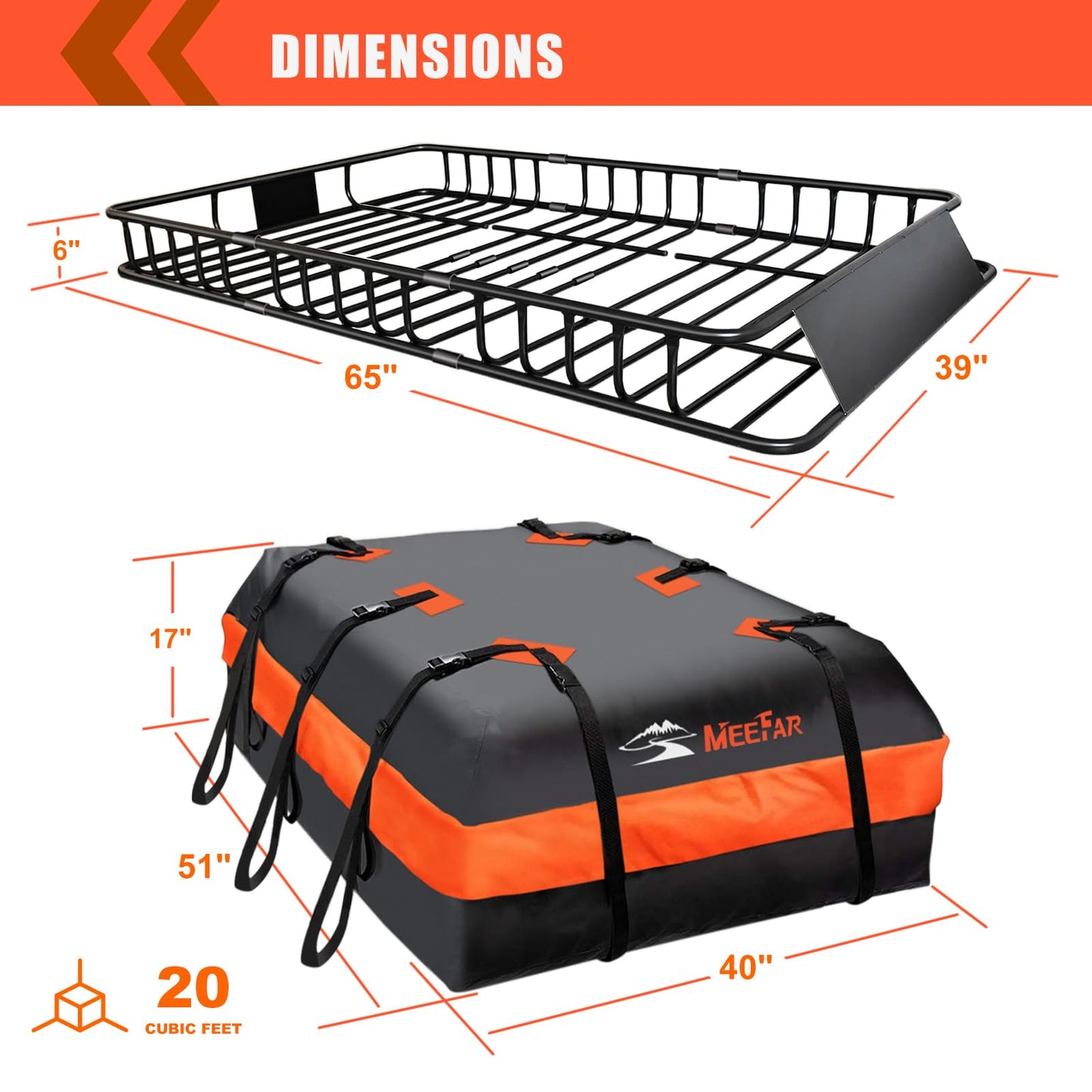 Roof Rack Carrier Carrier Basket 65"*39"*6"+Waterproof Bag 20 Cubic Feet(51"*40"*17"),and Cargo Net with Attachment Hooks,Ratchet Straps.200 Lbs Capacity,Universal Rooftop Large Size Roof Rack Update