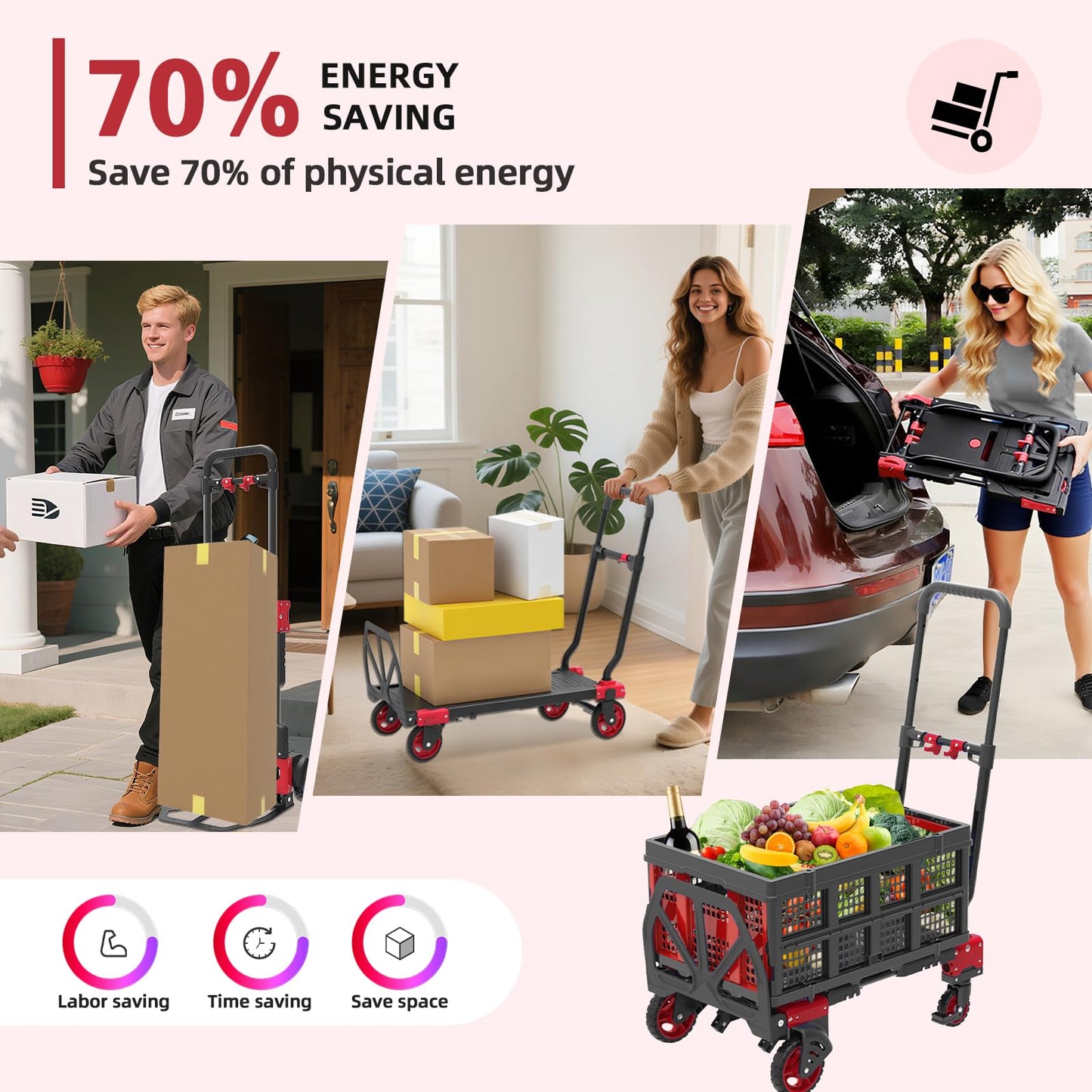 Garstc 2 in 1 Folding Hand Truck with Folding Basket,Heavy Duty Hand Truck Dolly 330lbs Capacity with Telescoping Handle,Portable Dolly Cart with Wheels and Bungee Cords for Moving