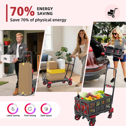Garstc 2 in 1 Folding Hand Truck with Folding Basket,Heavy Duty Hand Truck Dolly 330lbs Capacity with Telescoping Handle,Portable Dolly Cart with Wheels and Bungee Cords for Moving