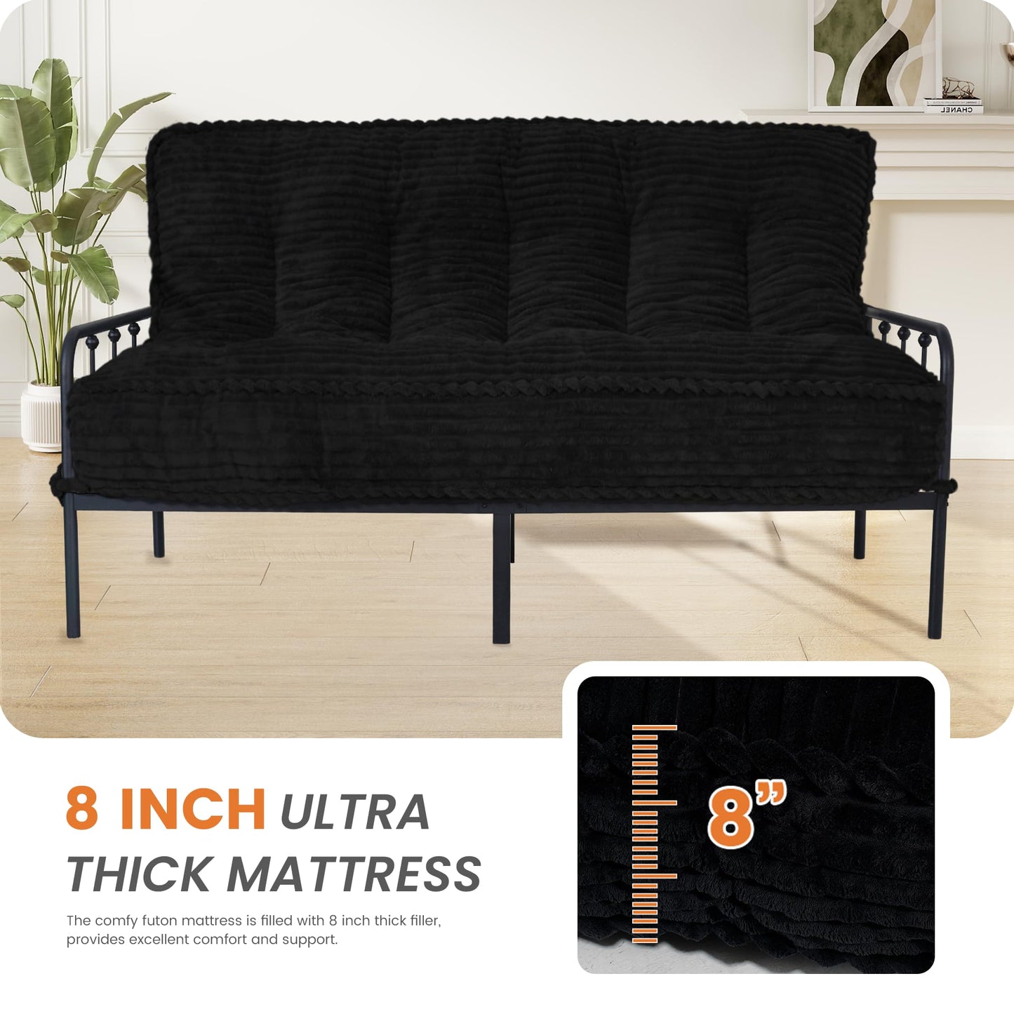 8” Futon Mattress Full Size 54” x 80”, Futon Sofa Couch Bed with Twisted Rope Design Edging, Extra Thick Corded Floor Futon Mattress Sleeping Mat for Adults, Camping, Dorm, Black(Frame Not Included)