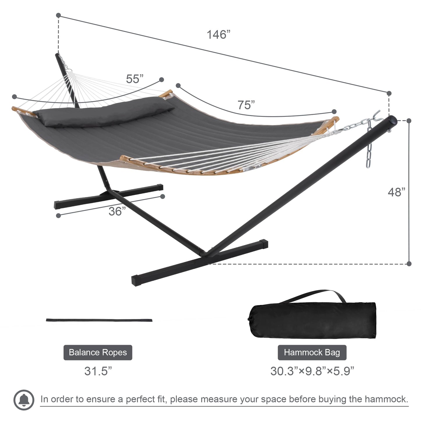 Mansion Home 55in Hammock with Stand, Heavy Duty Hammock with Stand Included, Two Person Hammock with Curved Spreader Bar, Pillow and Portable Bag, 450 Lbs Capacity, Dark Gray