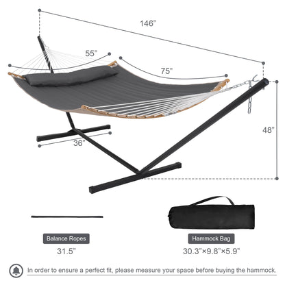 Mansion Home 55in Hammock with Stand, Heavy Duty Hammock with Stand Included, Two Person Hammock with Curved Spreader Bar, Pillow and Portable Bag, 450 Lbs Capacity, Dark Gray