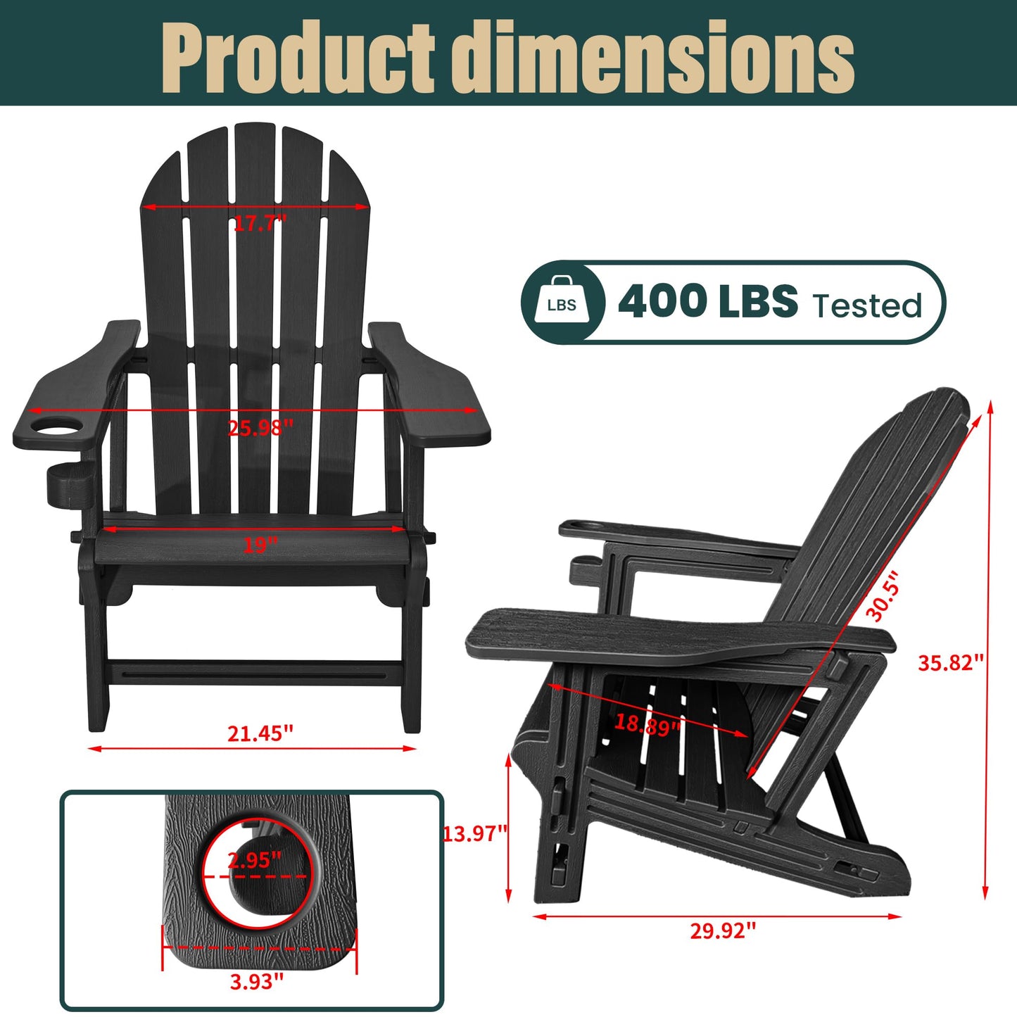 Adirondack Chair with Cup Holder,Tool-Free Assembly,No Screws Needed,All-Weather HDPE Plastic Outdoor Patio Chair,Wood-Grain Slatted Look,Easy to Take Apart for Storage,Fire Pit Chairs(Classic Black)