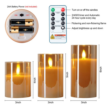 5plots Glass Battery Operated Gold Flameless Candles with Remote Timer, 3D Wick Real Wax Pillar Led Candles Warm Flickering Light for Indoor Home, Halloween, Christmas Decor, Set of 3, D3 x H4 5" 6"
