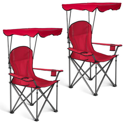 ALPHA CAMP Heavy Duty Canopy Camping Chair, 350 lbs Capacity Oversized Folding Chair with Adjustable Sunshade, Portable Sunshade Chair with Cup Holder for Beach, Fishing, Outdoor,2PC,Red