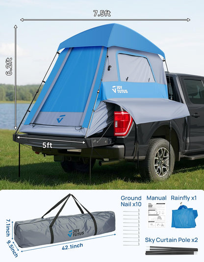 JOYTUTUS Automatic Truck Tent, Easy Set-up, Portable Truck Bed Tent 5.5FT with Rainfly, Truck Camping Tent with Waterproof PU2000mm Double Layer for 2 Person - Blue