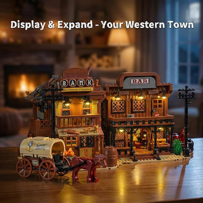Western Bank Modular Building Set for Adults Wild West Cowboys Cabin with HorsesWagon &amp LED Lights Collection House Set for West Lovers (1299PCS)