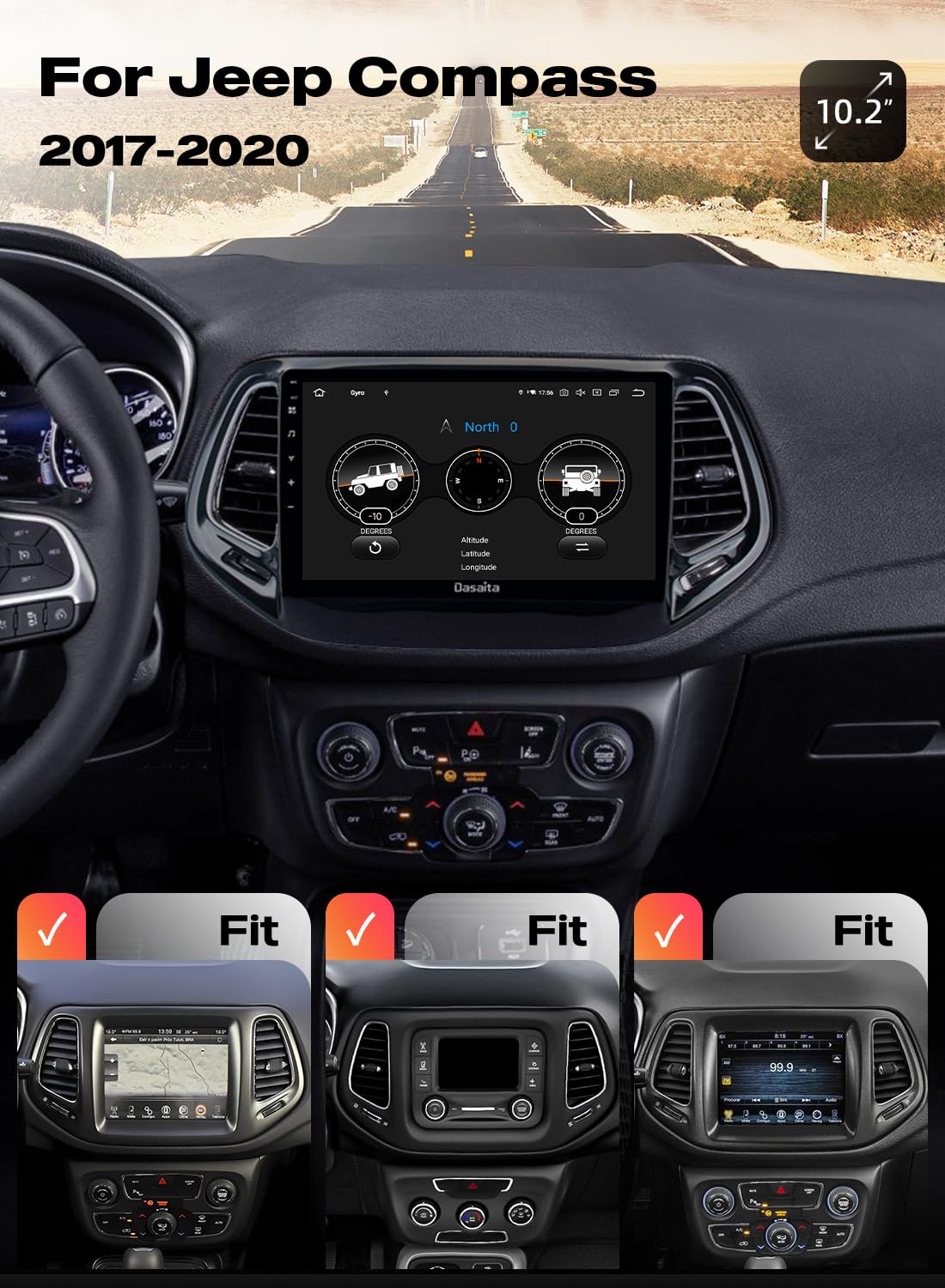 Dasaita 10.2" Car Stereo for Jeep Compass 2017-2020, Android 13, Wireless CarPlay, Android Auto, GPS Navigation, 6GB+64GB, Bluetooth, WiFi, 4G LTE