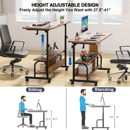 Armocity Rolling Standing Desk with Charging Station, Portable Height Adjustable Mobile Computer Desk with Wheels & 2-Tier Shelves & Hooks, Easy Assembly Laptop Table for Couch Bed, 47" Rustic Brown