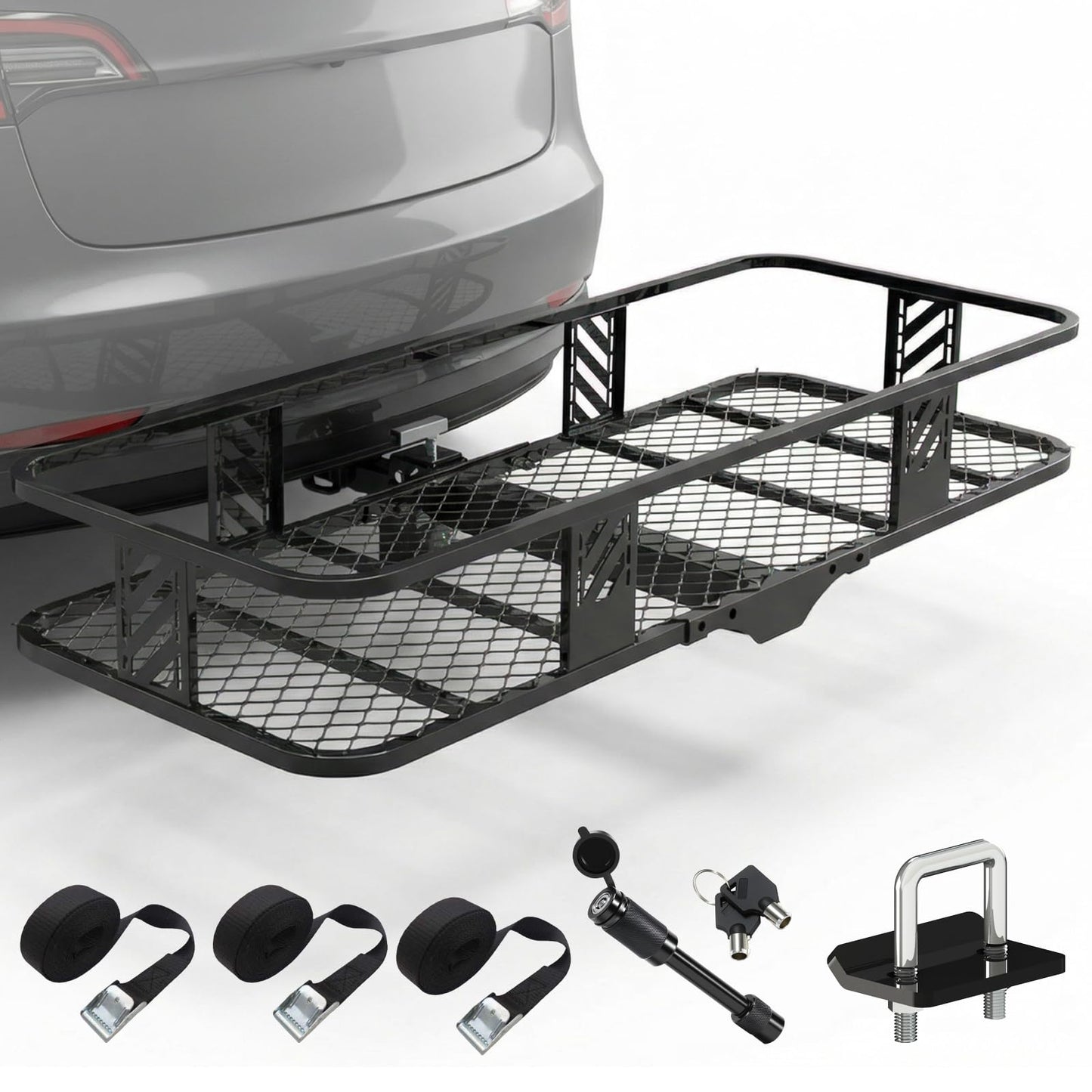 Foldable Hitch Mount Cargo Carrier Basket 56" X 24" X 7" for 2 Inch Hitches Receiver, 500 Lbs Capacity, Easy Folding，Hitch & Arm Tightener Anti Rattle, Trailer Pin Lock