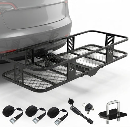 Foldable Hitch Mount Cargo Carrier Basket 56" X 24" X 7" for 2 Inch Hitches Receiver, 500 Lbs Capacity, Easy Folding，Hitch & Arm Tightener Anti Rattle, Trailer Pin Lock