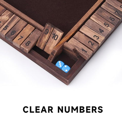 GSE Games &amp Sports Expert 1-4 Player Wooden Shut The Box Dice Board Game with 8 Dice. 4-Way 10 Numbered Shut The Box Set of Popular English Pub Board Game - Walnut