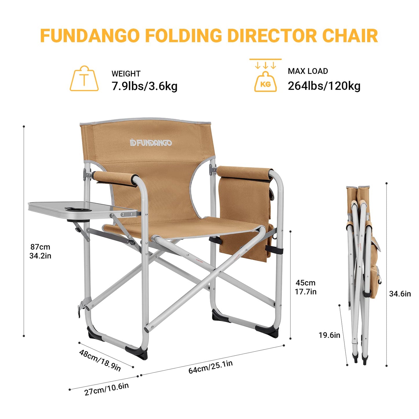 FUNDANGO Aluminium Camping Director Chair with Armrest, Portable Lightweight Folding Outdoor Camping Chair with Side Table & Umbrella Holder, Full Back Lawn Chair for Camping Fishing Picnic Stadium