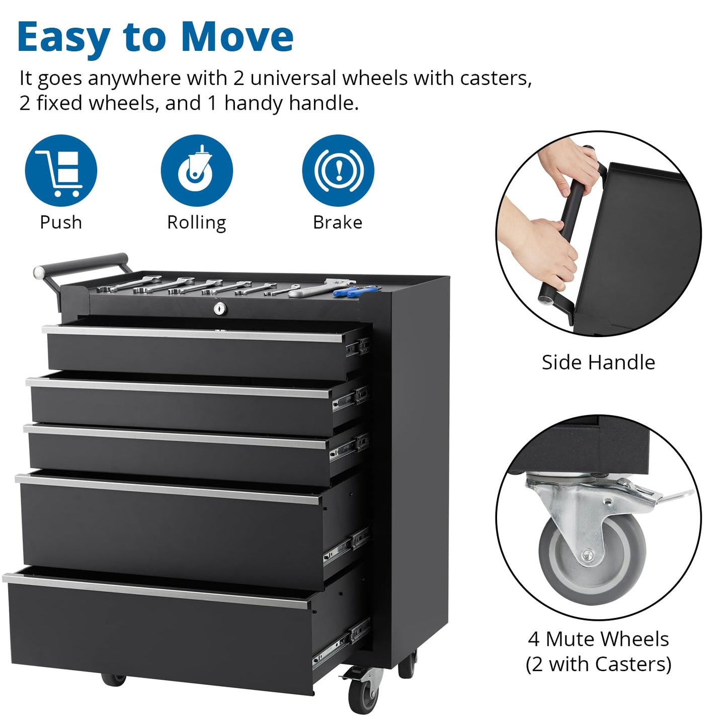 GarveeHome 5-Drawer Tool Chest, Rolling Tool Box with Wheels and Lock System, Portable Storage Rolling Tool Chest for Warehouse, Workshop & Repair Shop, Black