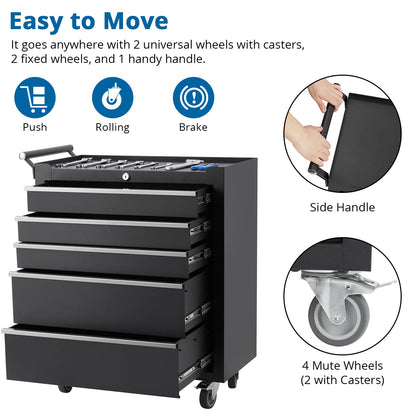 GarveeHome 5-Drawer Tool Chest, Rolling Tool Box with Wheels and Lock System, Portable Storage Rolling Tool Chest for Warehouse, Workshop & Repair Shop, Black