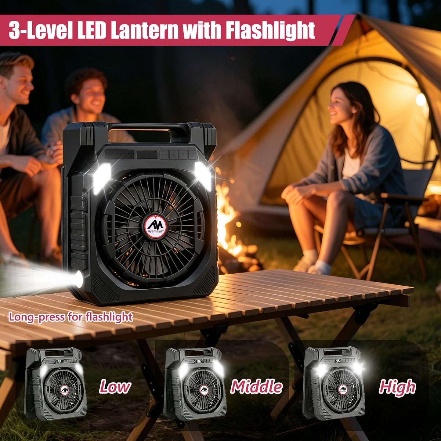 AYAMAYA 2 Pack Camping Fans, 26000mAh Solar Fan with LED Lantern with 180° Oscillation, 4 Speed, 40000mAh Rechargeable Fan for Camping