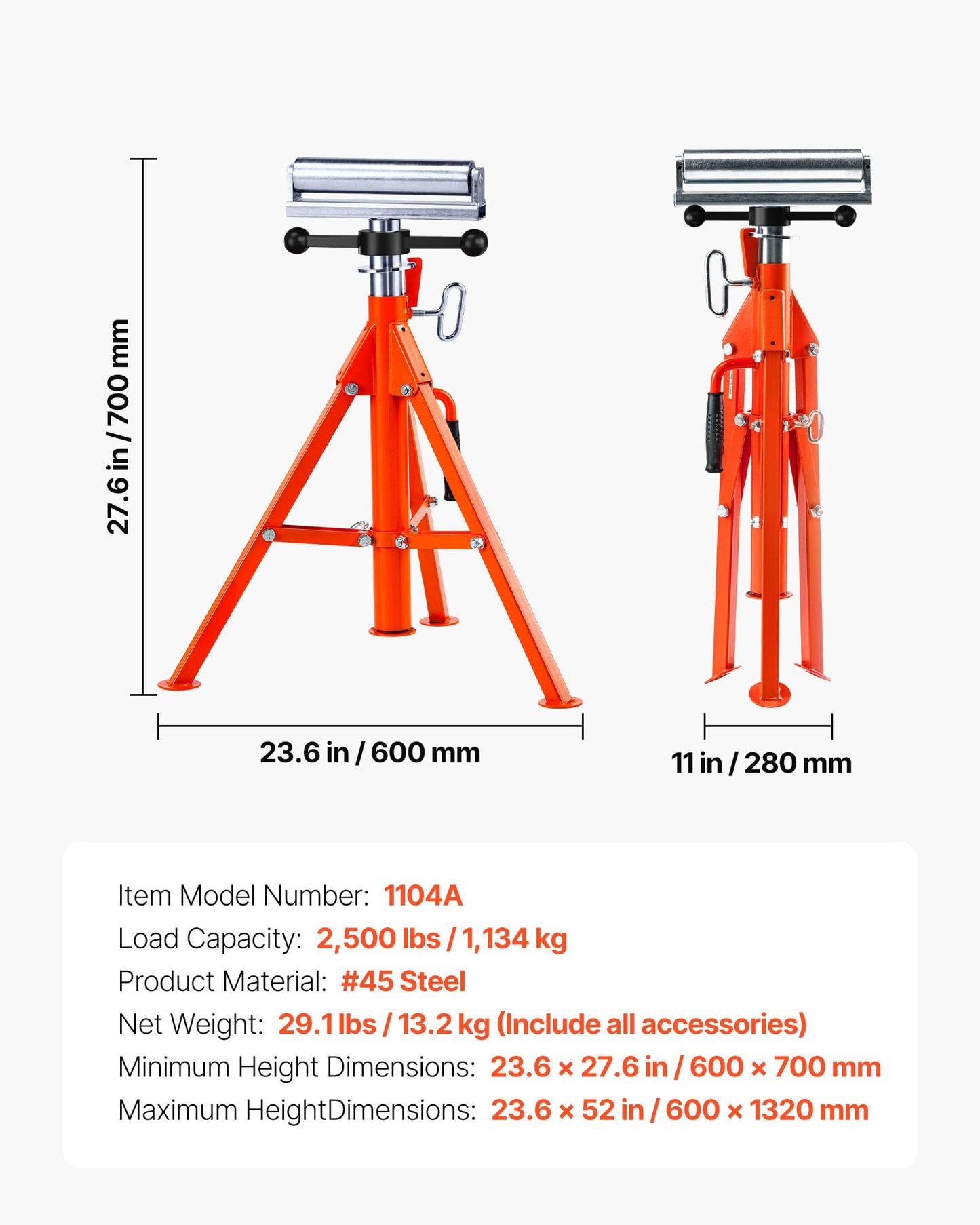 VEVOR Roller Stand, Heavy Duty 2500 LBS Load Capacity Tool Stand - 28"-52" Height Adjustable - Foldable Space-Saving Design - for Woodworking and Metalworking Long Boards, Metal Pipes or Bars
