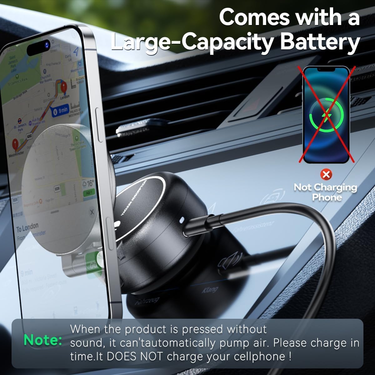 Vacuum Suction Magnetic Car Phone Holder, Electric Magnetic Car Phone Holder Mount Foldable Adjustable Car Mount for iPhone12-16,Mirror/Glass/Screen/Smooth None Porous Surface (Not Charge Phone)