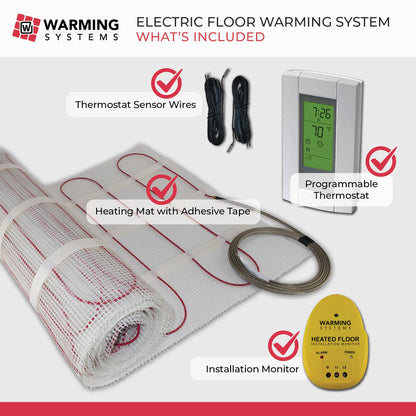 Warming Systems 10 Sqft Electric Radiant Floor Heating Mat – 120V Heated Tile Floor System with Programmable Thermostat (TH115), Floor Sensor, Installation Monitor & 25 Year Warranty, USA Made