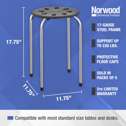 Norwood Commercial Furniture Stacking Stools for Kids and Adults, 17.75" Standard Height Portable Nesting Office and Classroom Stools, Black/Silver, Pack of 5