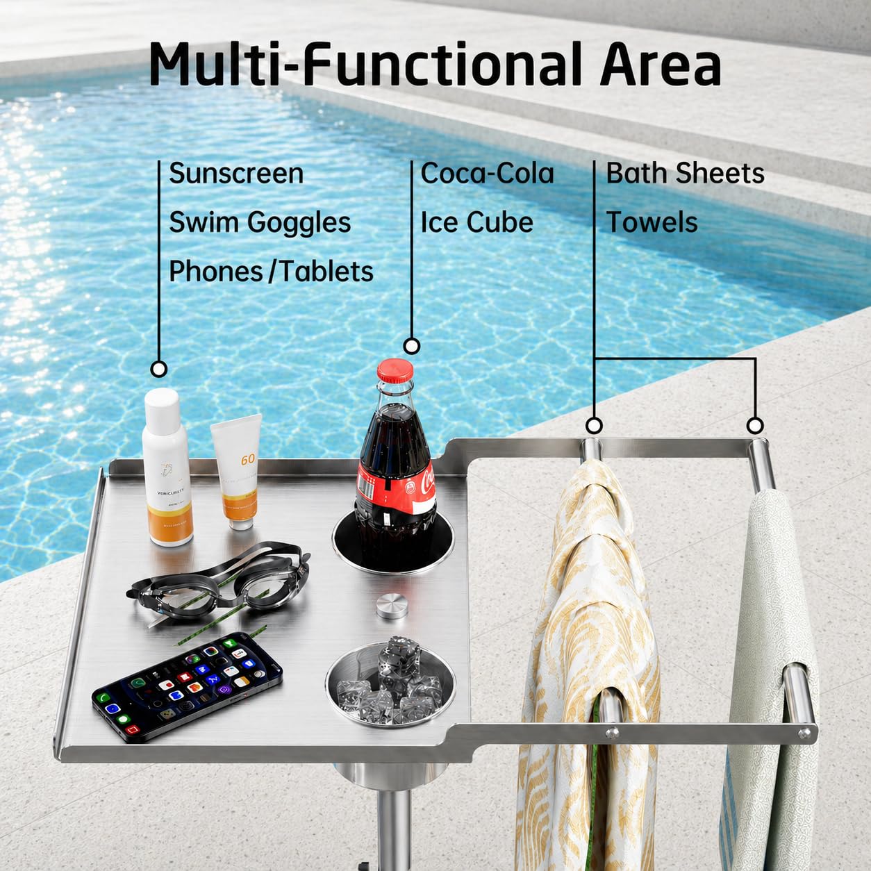 KES Adjustable Height Outdoor Towel Rack for Pool with Weighted Marble Base, 360° Swivel Hot Tub Towel Rack with Hot Tub Table & Drink Holders, 18/8 Stainless Steel, Fit Above Ground Pool, OTR201-2