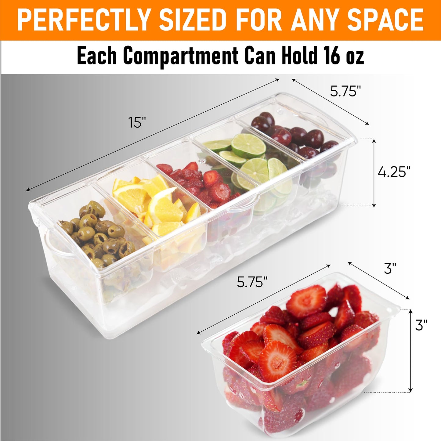 Ice Chilled Condiment Containers with Hinged Lid - Chilled Condiment Server with Lid, Clear Serving Tray Includes 5 Detachable Compartments, 3 Tongs, 3 Spoon and 1 Grey Pad