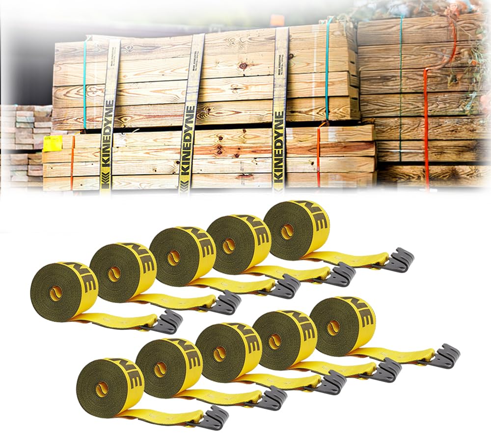 Mytee Products Kinedyne Winch Straps 4" x 30' Gold Heavy Duty Tie Down w/Flat Hooks WLL# 5400 lbs | 4 Inch Cargo Control for Flatbed Truck Utility Trailer (10 Pack)