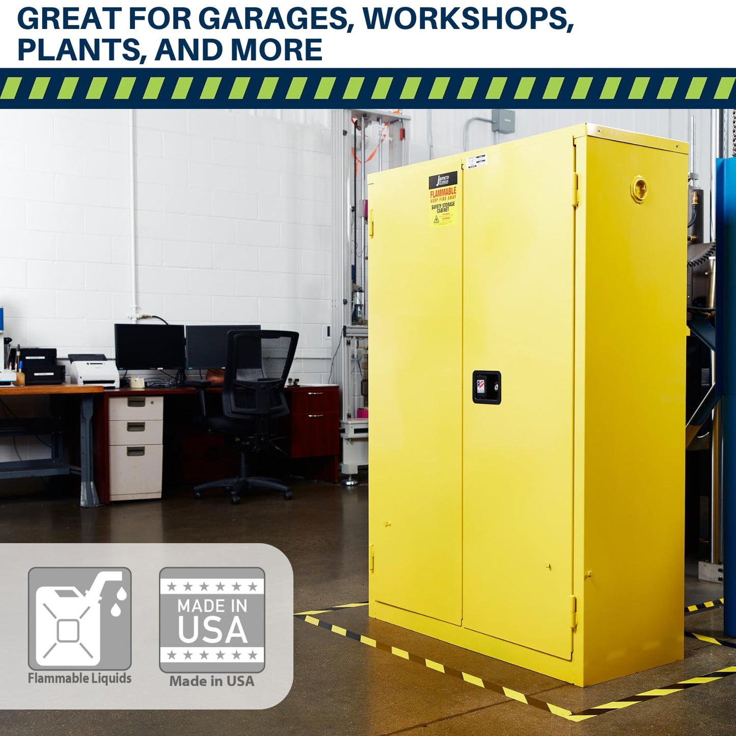 Jamco 120 Gallon Flammable Safety Cabinet, Steel Flammable Storage Cabinet with Lockable Manual Closing Doors, Non Forkliftable, 59" x 34" x 65", Yellow