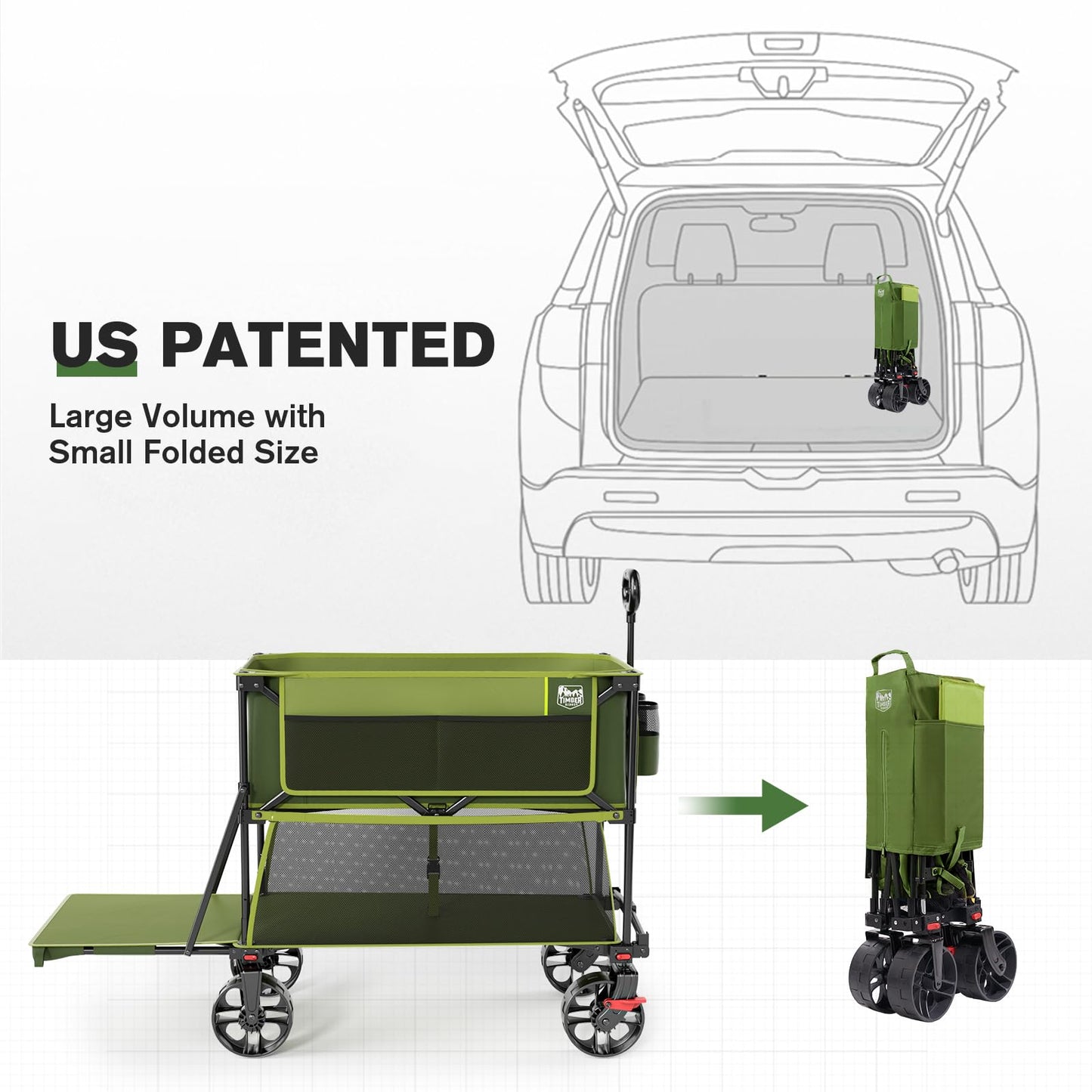 TIMBER RIDGE 400L Large Capacity Folding Double Decker Wagon with Brakes, 54" Extra Long Extender Wagon Cart, 450lbs Heavy Duty Collapsible Cart, All-Terrain Big Wheels for Camping, Sports, Shopping