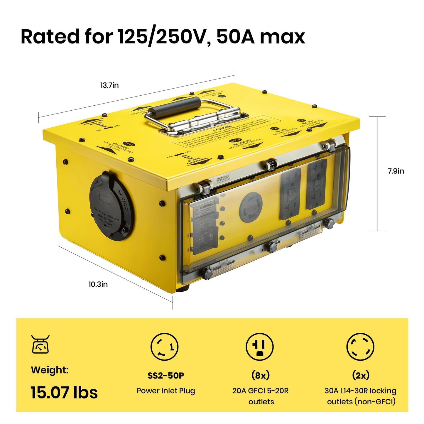 YARWELL Heavy-Duty 50 Amp Power Distribution Box – 125/250V, SS2-50P Inlet, IP67 Waterproof, (8) 20A GFCI 5-20R Receptacles & (2) 30A Locking Outlets for Jobsite, Generator, RV, Outdoor Use