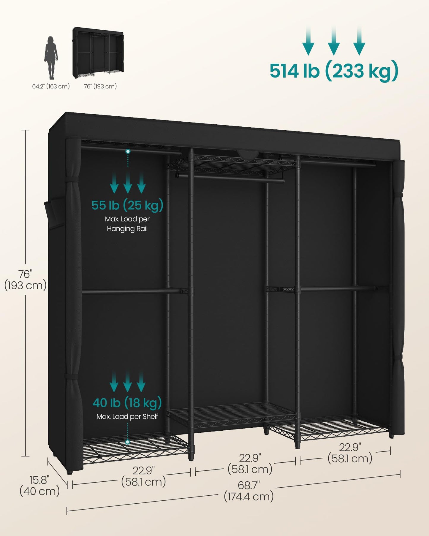 SONGMICS Heavy-Duty Clothes Rack, Garment Rack, Portable Closet, 68.7-Inch Wide Clothing Rack with Adjustable Mesh Shelves and Hanging Rails, Ink Black ULGR435B01